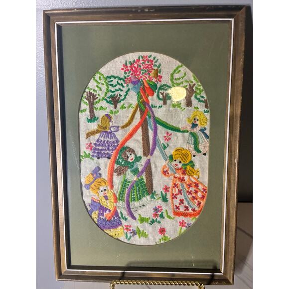 Framed Crewel Embroidery Maypole Girls Scene Handmade Folk Art Wall Decor - Picture 6 of 7